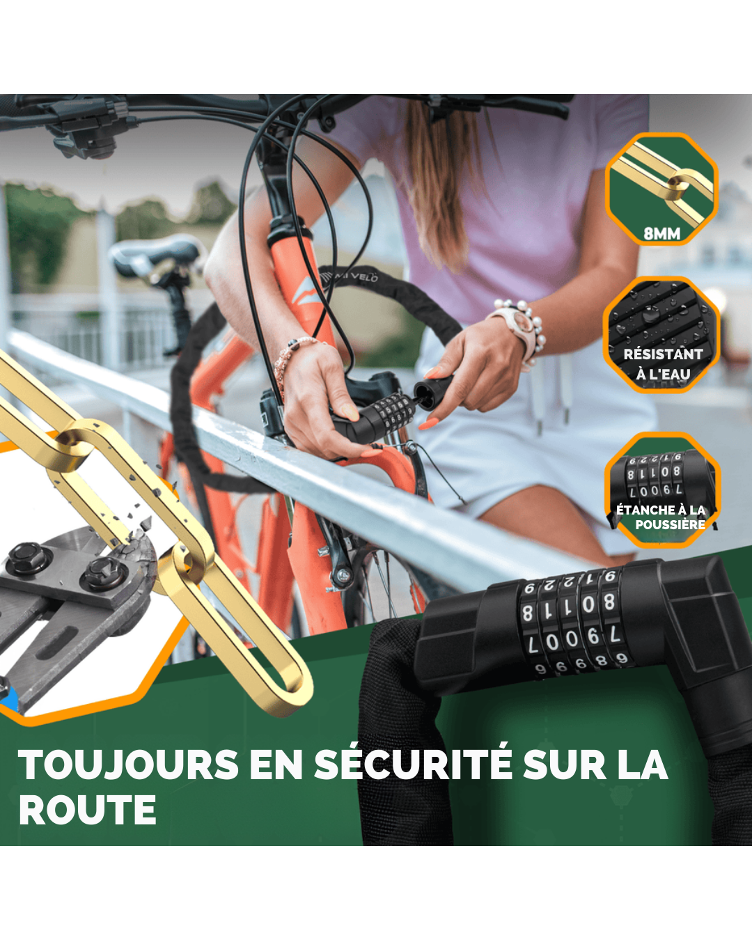 Cadenas à chaîne MIVELO - Avec noyau robuste en acier au carbone et code numérique - 85/100 cm - Noir