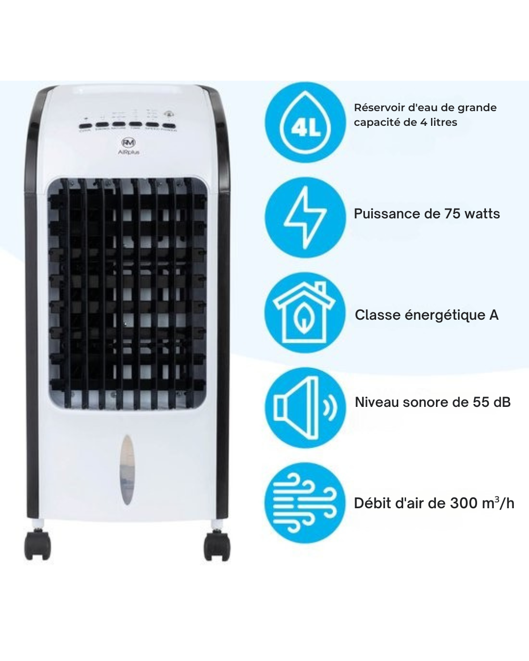 RM AIRPlus RMAP-3701 Refroidisseur d'air avec télécommande et minuterie - 4L - Blanc/Noir