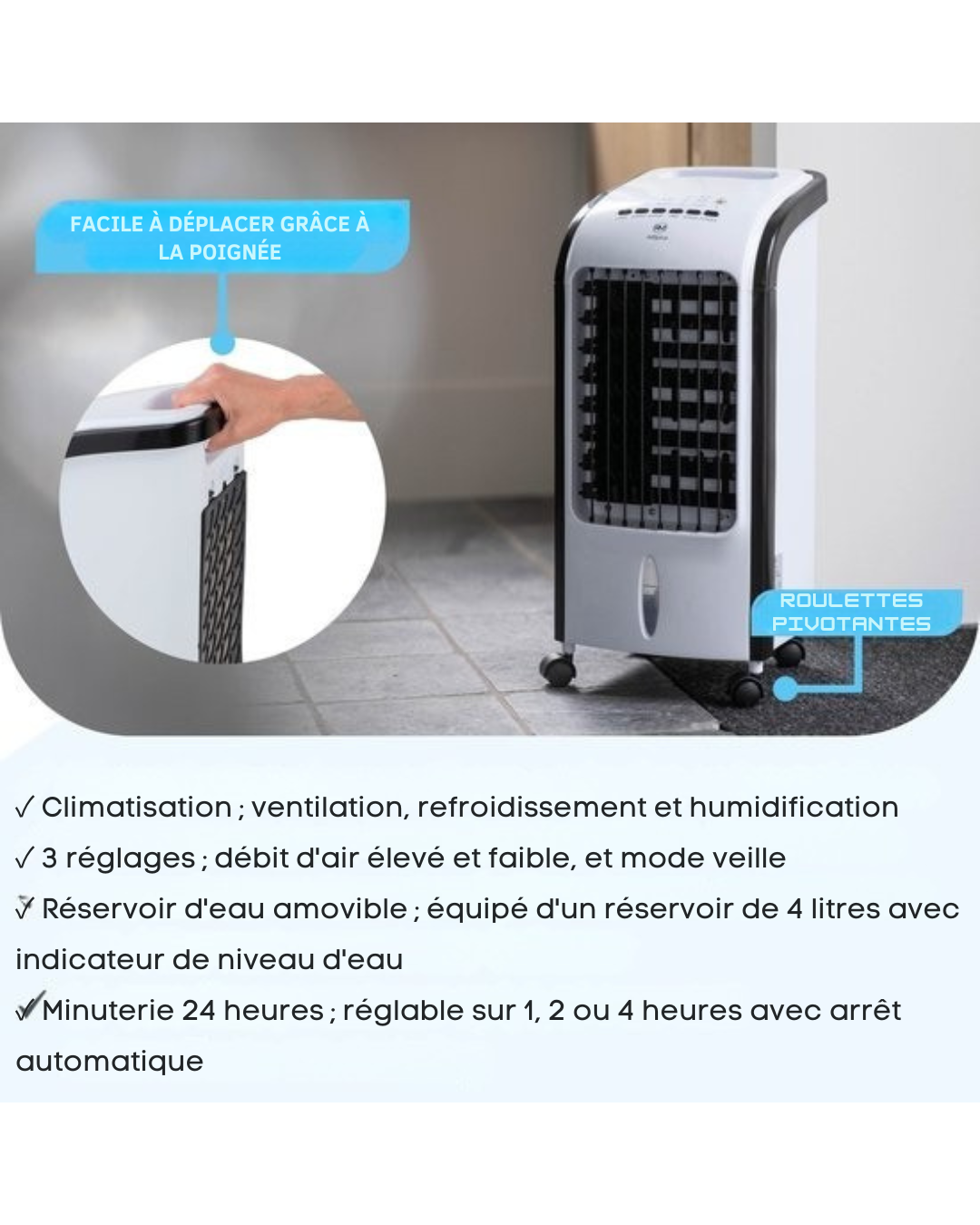 RM AIRPlus RMAP-3701 Refroidisseur d'air avec télécommande et minuterie - 4L - Blanc/Noir