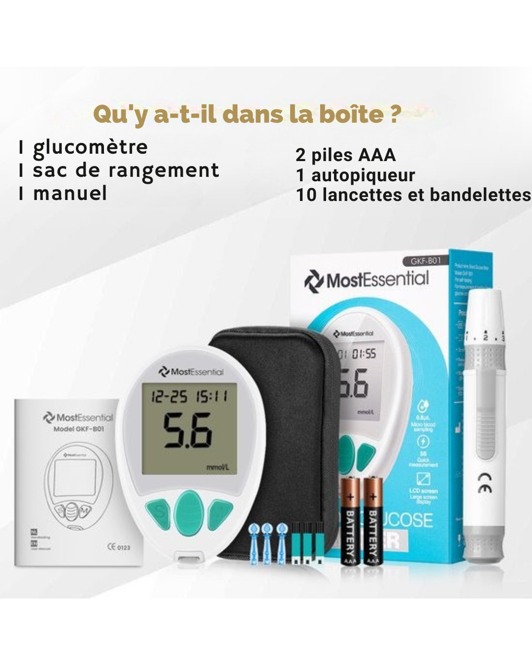 Glucomètre MostEssential - Lecteur de Glycémie Rapide – Résultat en 5s – Mémoire 512 Mesures – Kit Complet