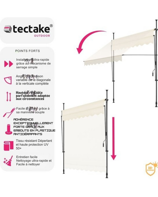 tectake - store à pinces - parasol - réglable - store à pinces - parasol balcon - 200 x 180 cm - beige - store - 404957