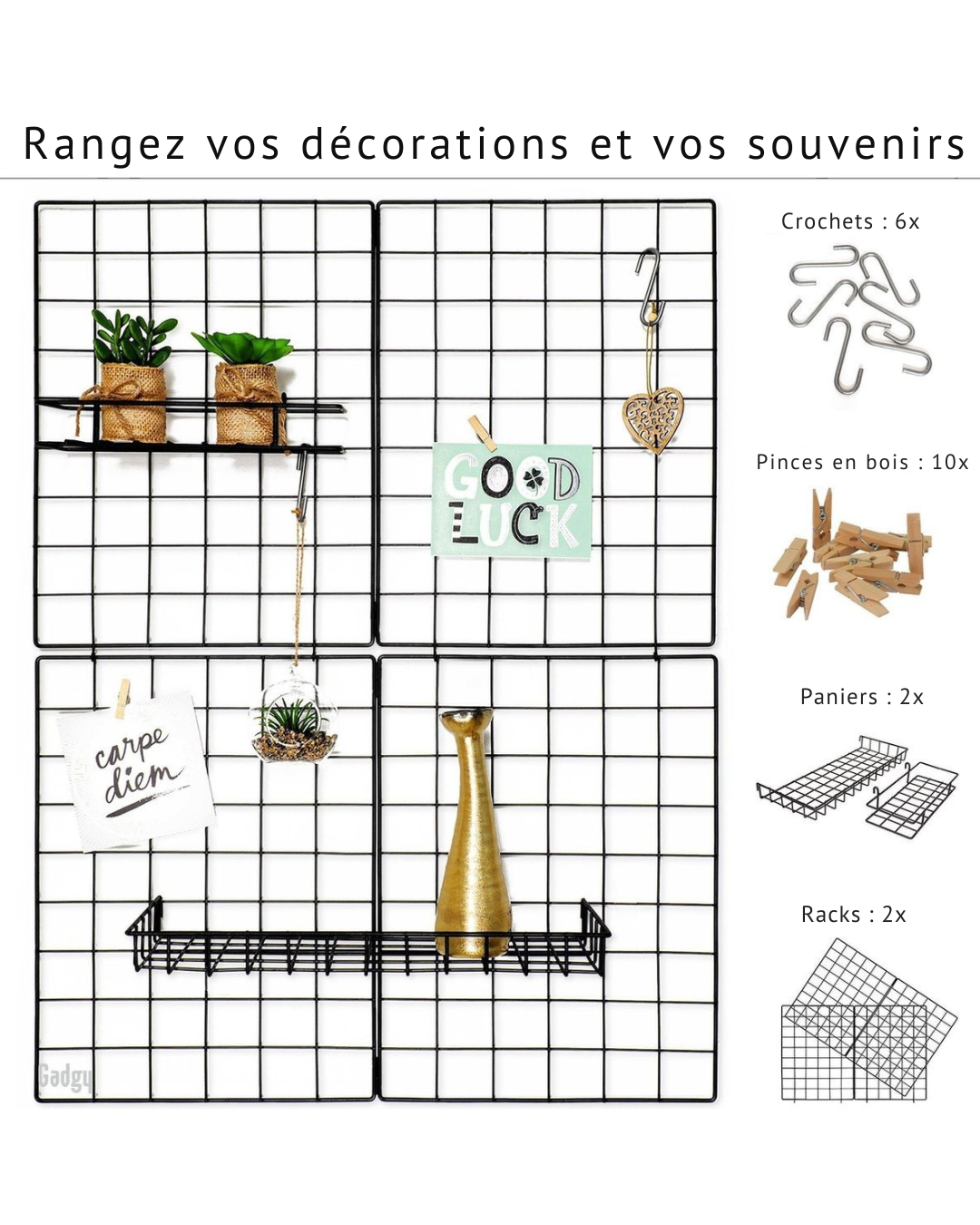 Étagère murale pliante Gadgy de style industriel - Noir, avec 2 étagères, 6 crochets en S et 10 piquets de fixation