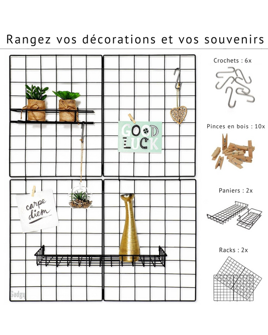 Étagère murale pliante Gadgy de style industriel - Noir, avec 2 étagères, 6 crochets en S et 10 piquets de fixation