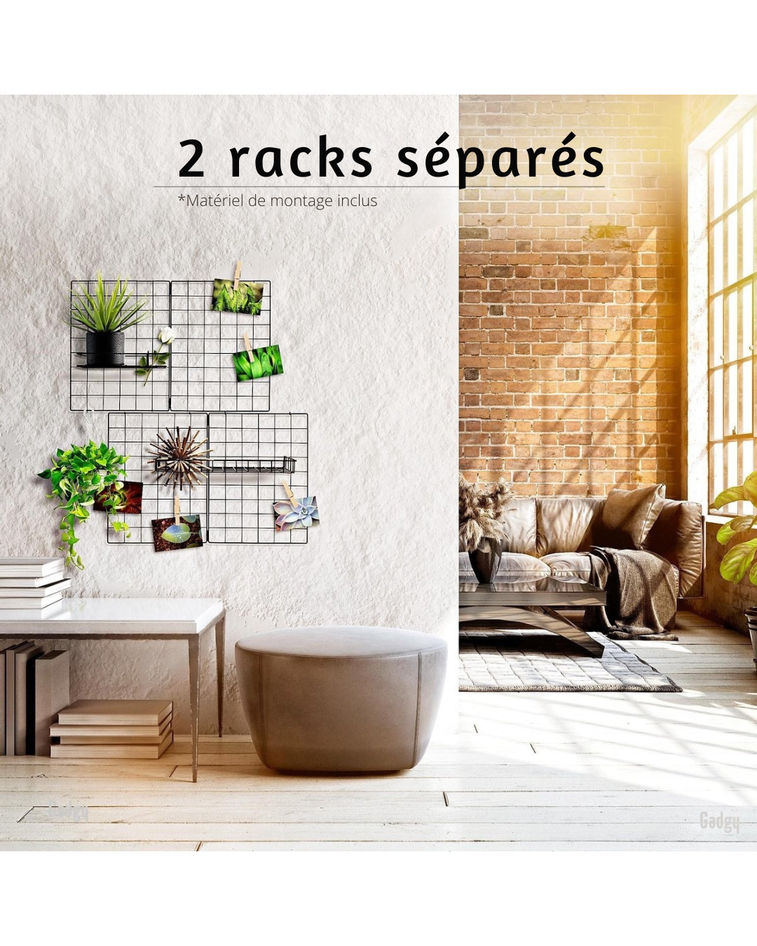 Étagère murale pliante Gadgy de style industriel - Noir, avec 2 étagères, 6 crochets en S et 10 piquets de fixation