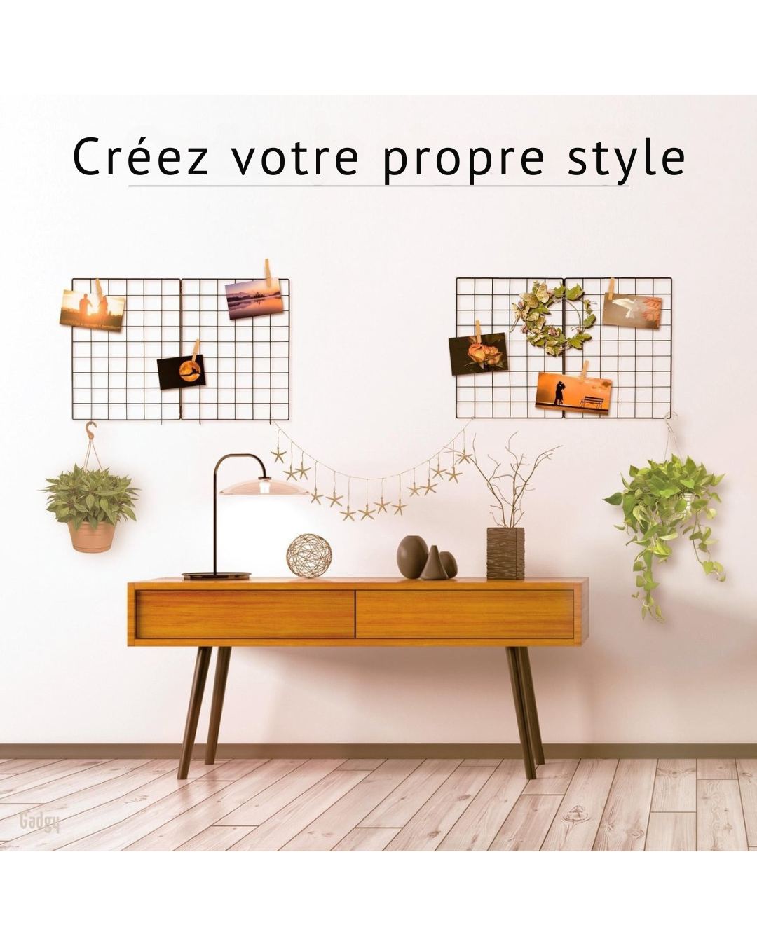 Étagère murale pliante Gadgy de style industriel - Noir, avec 2 étagères, 6 crochets en S et 10 piquets de fixation