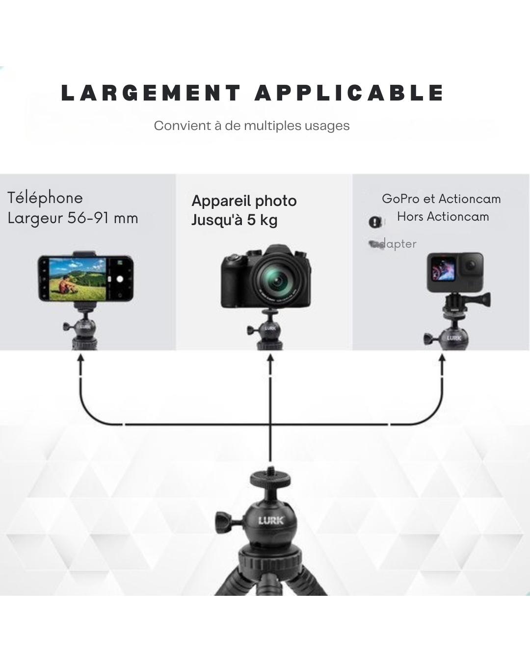 LURK® 3 in 1 Flexible Octopus Tripod trépied pour smartphone et caméra (d'action) - Comprend une pince pour téléphone et une télécommande bluetooth - 25 cm