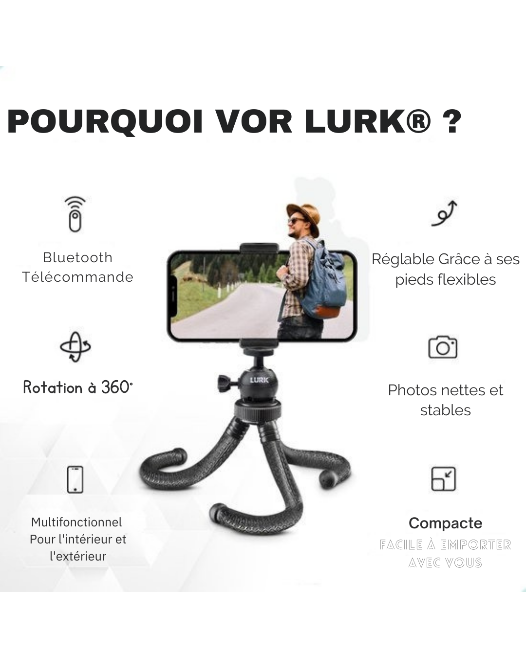 LURK® 3 in 1 Flexible Octopus Tripod trépied pour smartphone et caméra (d'action) - Comprend une pince pour téléphone et une télécommande bluetooth - 25 cm