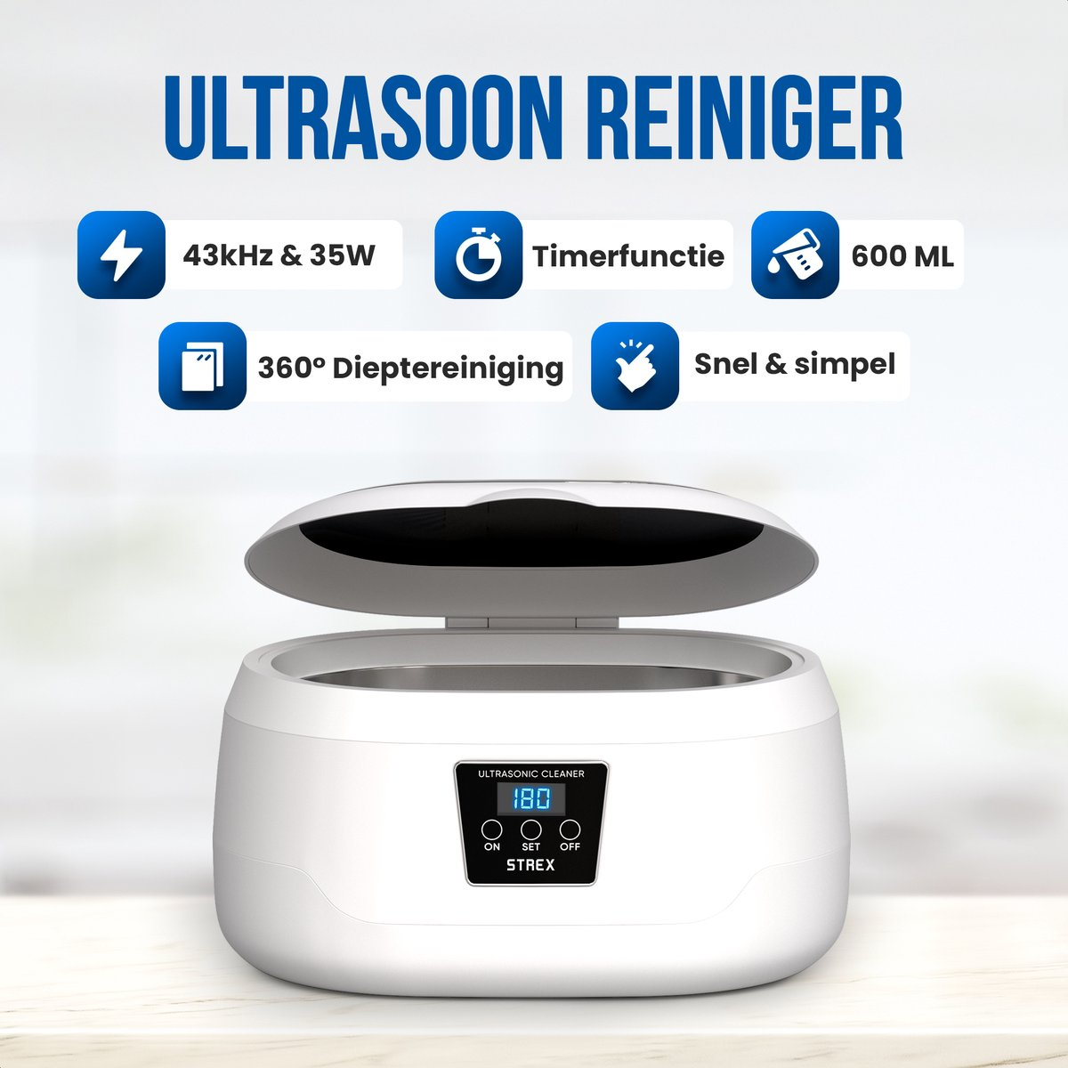 Strex Ultrasonic Cleaner 600ml - 360º - Nettoyeur à ultrasons - Appareil de nettoyage pour lunettes / bijoux / montres / pièces de monnaie
