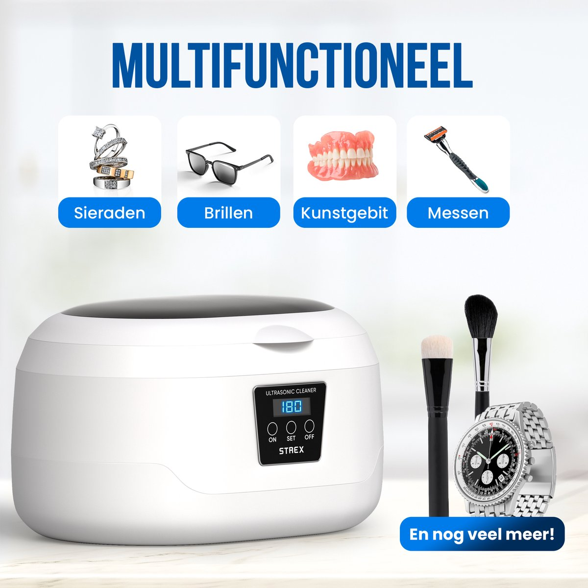 Strex Ultrasonic Cleaner 600ml - 360º - Nettoyeur à ultrasons - Appareil de nettoyage pour lunettes / bijoux / montres / pièces de monnaie