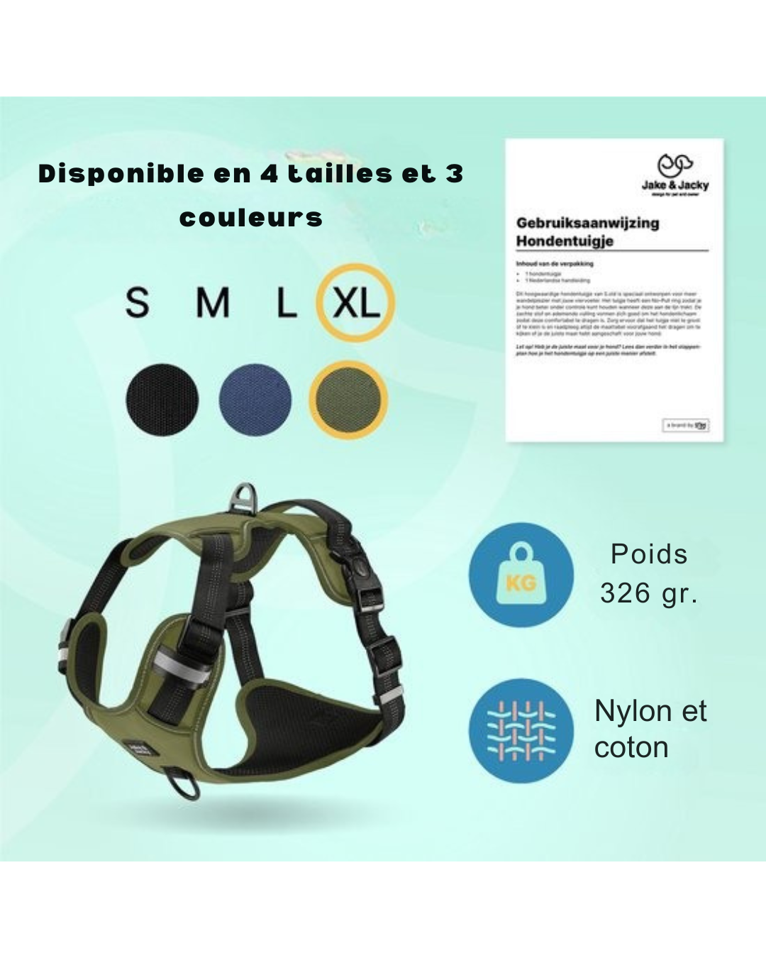 Harnais pour chien Jake et Jacky - Harnais anti-traction - Réfléchissant - Taille XL - Vert