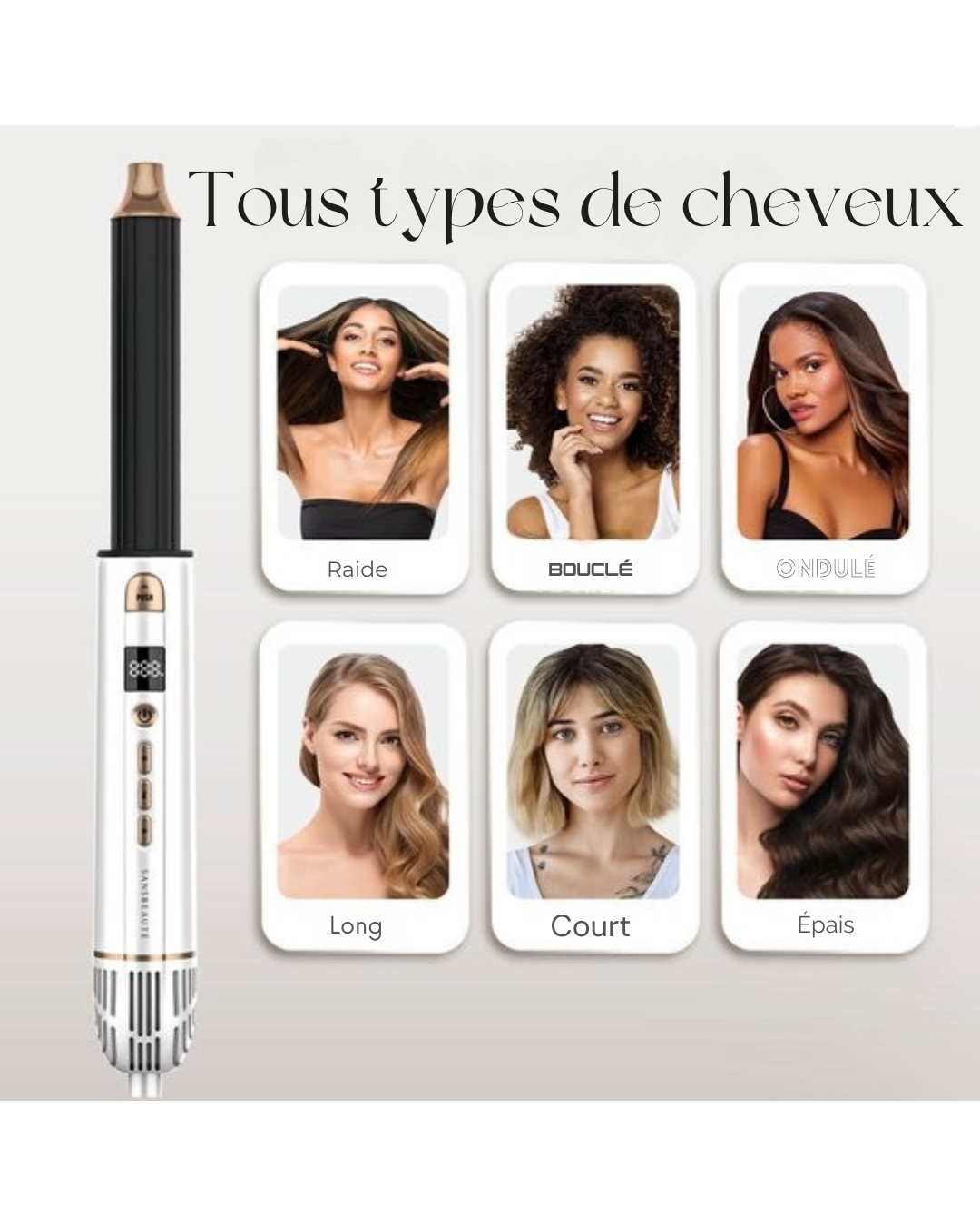 Brosse coiffante 8 en 1 - Sansbeauté® - Diffuseur inclus - Brosse sèche-cheveux – Fer à boucler – Brosse chauffante – Fonction air froid