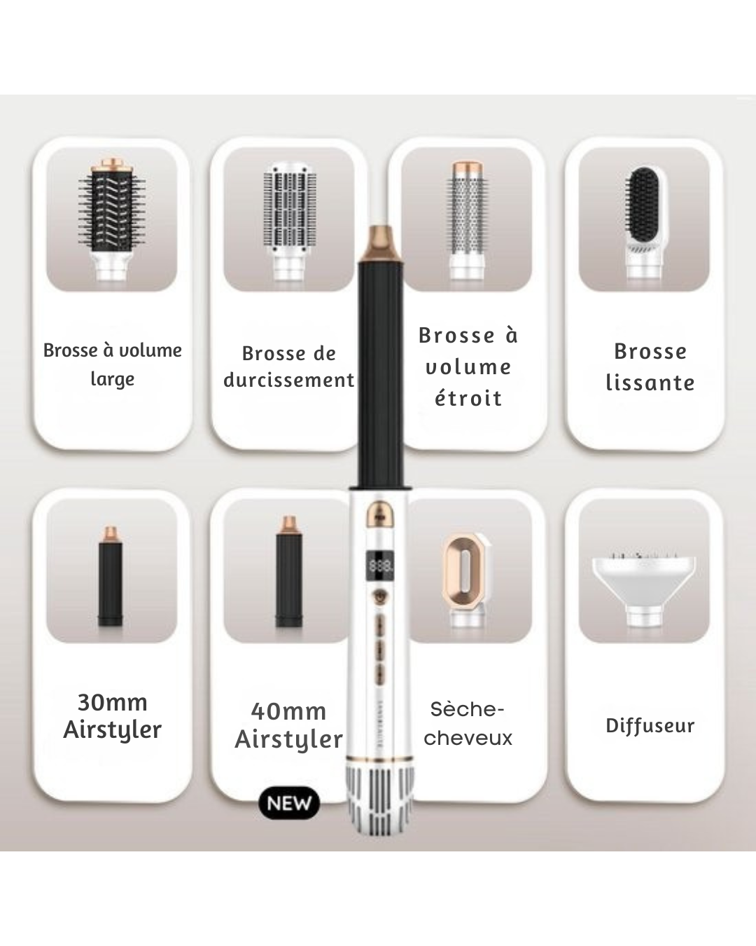 Brosse coiffante 8 en 1 - Sansbeauté® - Diffuseur inclus - Brosse sèche-cheveux – Fer à boucler – Brosse chauffante – Fonction air froid