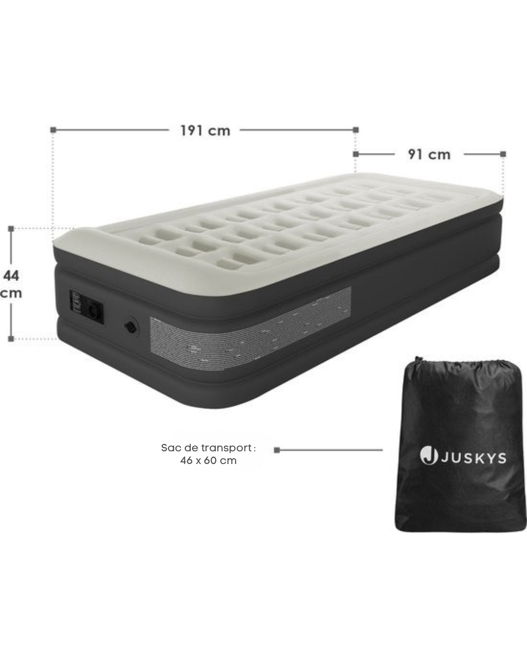 Juskys Lit à air autogonflant Sapri M - Gris - 191 x 91 x 44 cm - Sac de rangement inclus