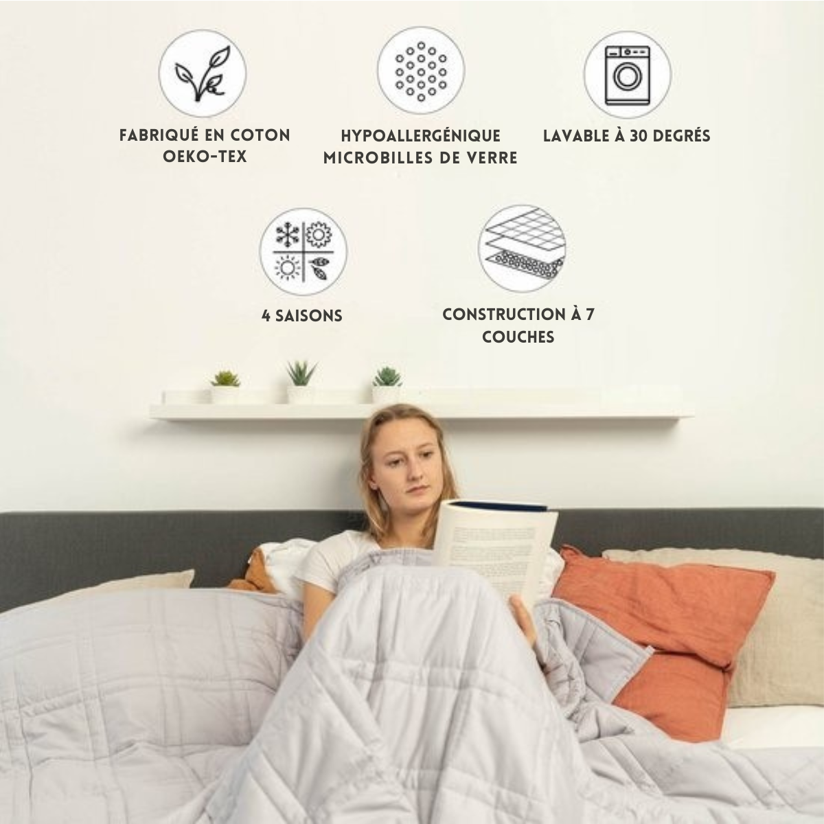 Couverture lestée 9kg - Ella - 135 x 200cm - Couverture lestée - OEKO-TEX Coton - Gris clair