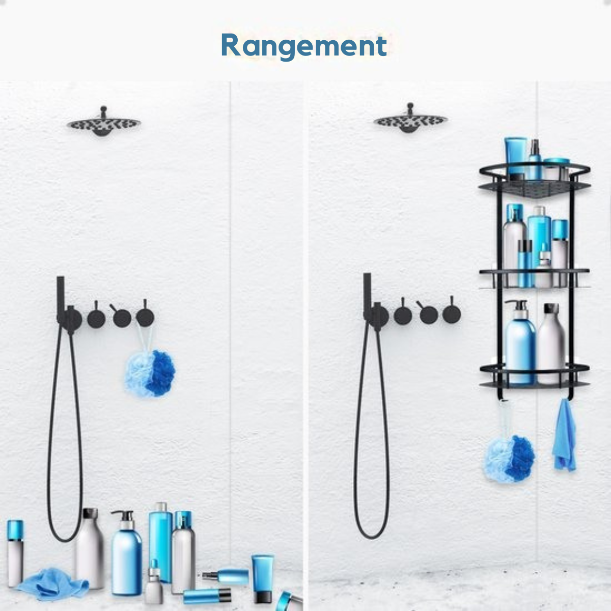 Porte-douche Happy Goods - Porte-douche 3 couches sans perçage - acier inoxydable - auto-adhésif - Porte-douche suspendu - Porte-bain - Porte-bain - Porte-bain - Porte-douche - Noir