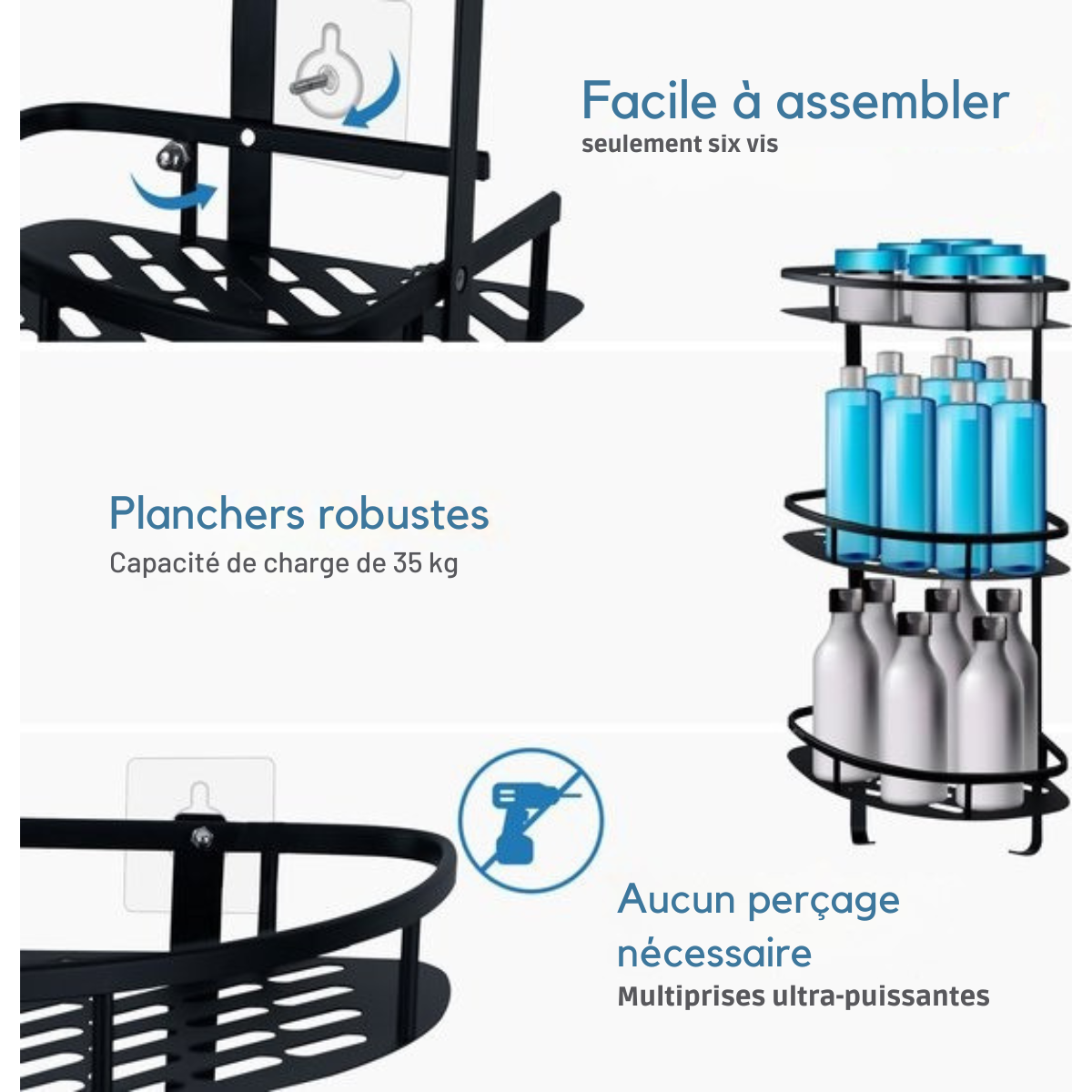 Porte-douche Happy Goods - Porte-douche 3 couches sans perçage - acier inoxydable - auto-adhésif - Porte-douche suspendu - Porte-bain - Porte-bain - Porte-bain - Porte-douche - Noir