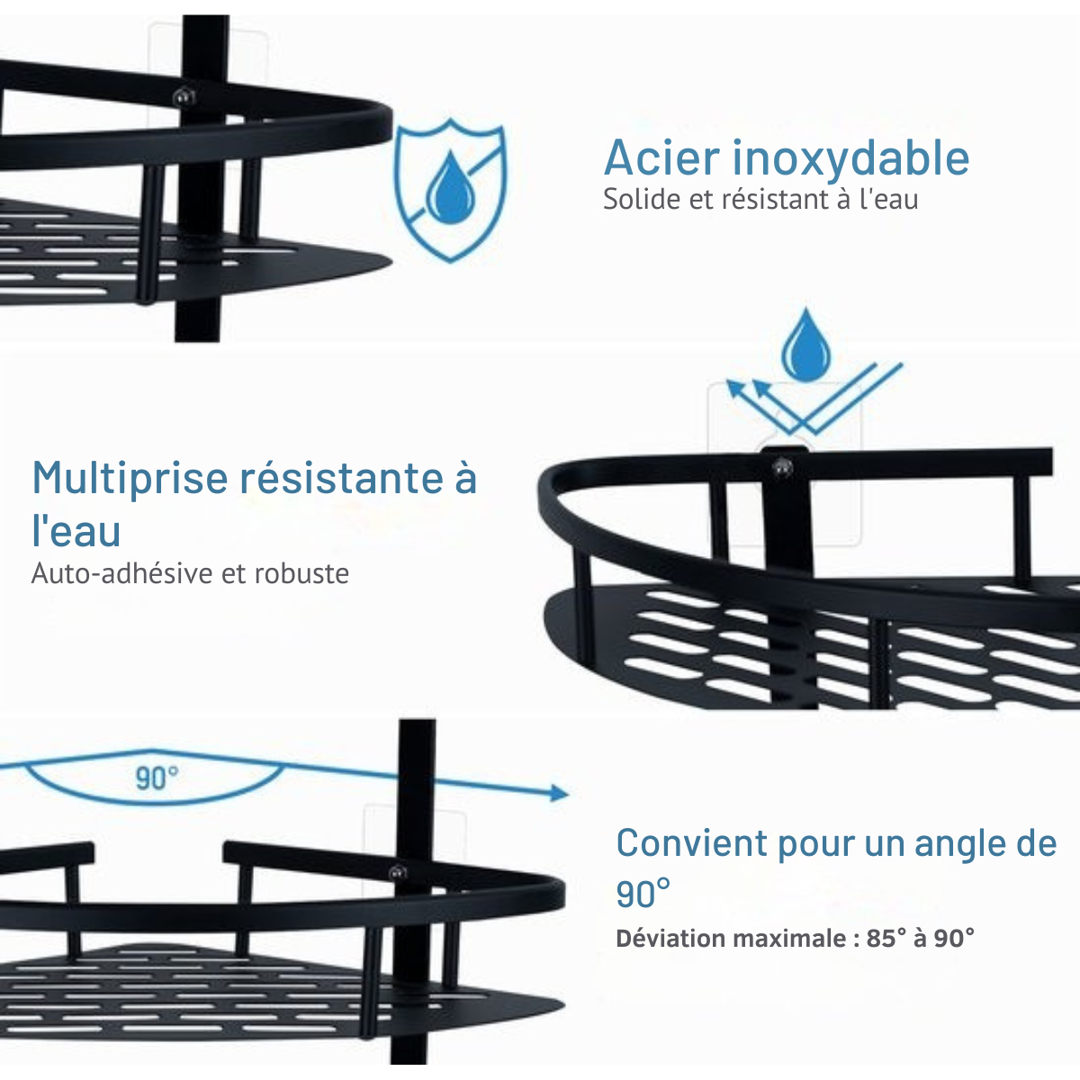 Porte-douche Happy Goods - Porte-douche 3 couches sans perçage - acier inoxydable - auto-adhésif - Porte-douche suspendu - Porte-bain - Porte-bain - Porte-bain - Porte-douche - Noir