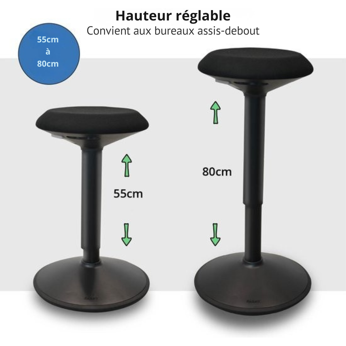 Tabouret oscillant noir Backerz| Hauteur 55–80 cm | Tabouret d’équilibre | assis-debout | Chaise de bureau ergonomique - noir