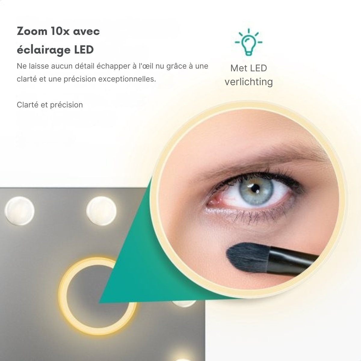 Mirlux Grand miroir hollywoodien 80x60CM - Eclairage LED - Ports de charge USB & USB-C - Maquillage - Blanc