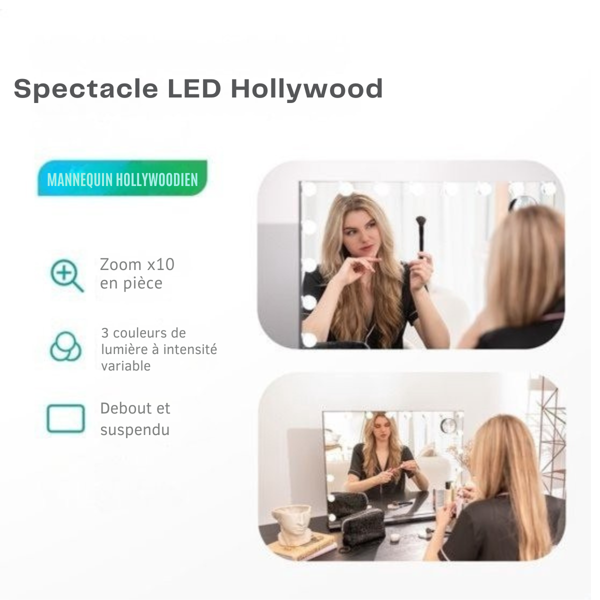 Mirlux Grand miroir hollywoodien 80x60CM - Eclairage LED - Ports de charge USB & USB-C - Maquillage - Blanc