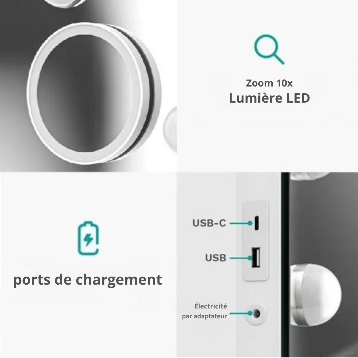 Mirlux Grand miroir hollywoodien 80x60CM - Eclairage LED - Ports de charge USB & USB-C - Maquillage - Blanc