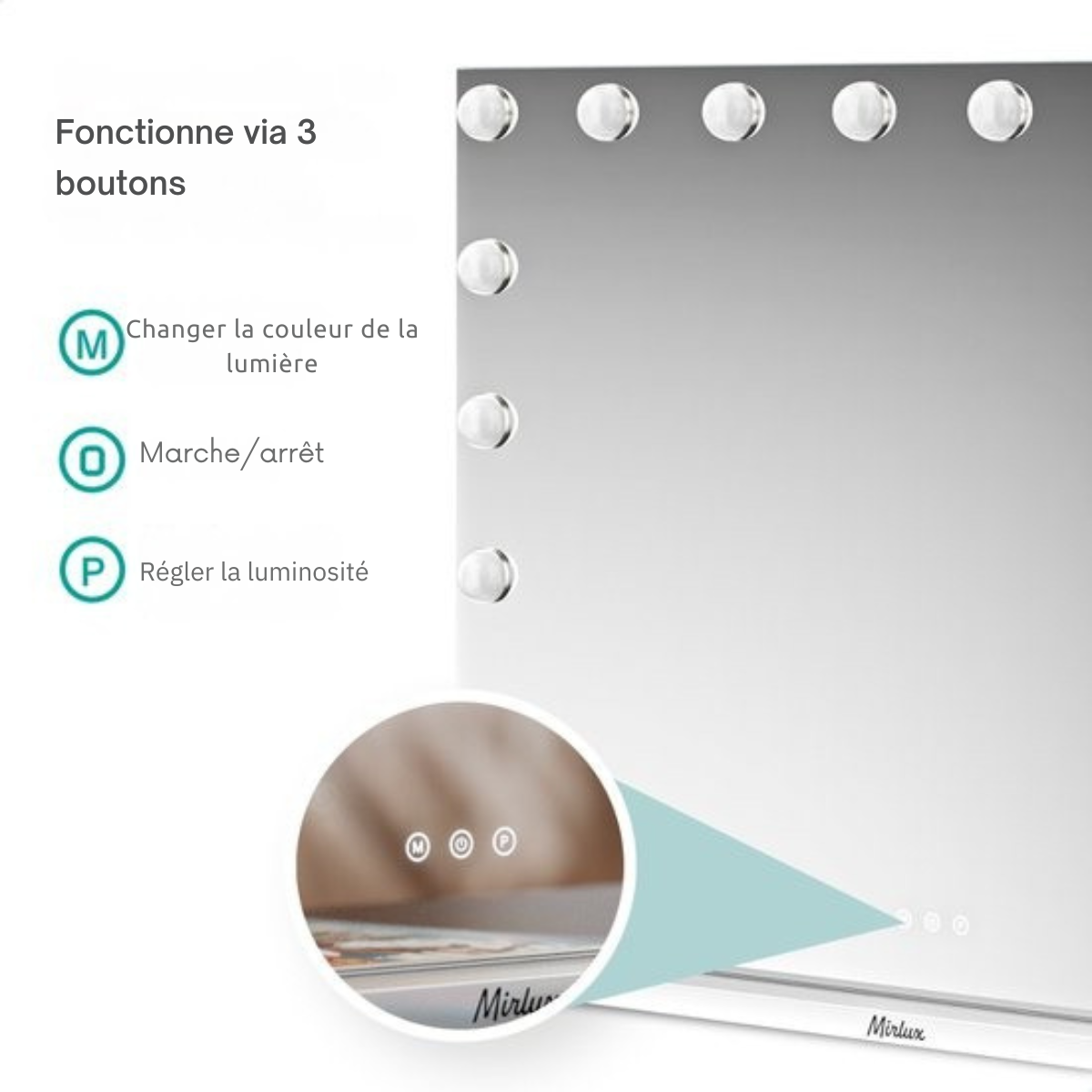 Mirlux Grand miroir hollywoodien 80x60CM - Eclairage LED - Ports de charge USB & USB-C - Maquillage - Blanc