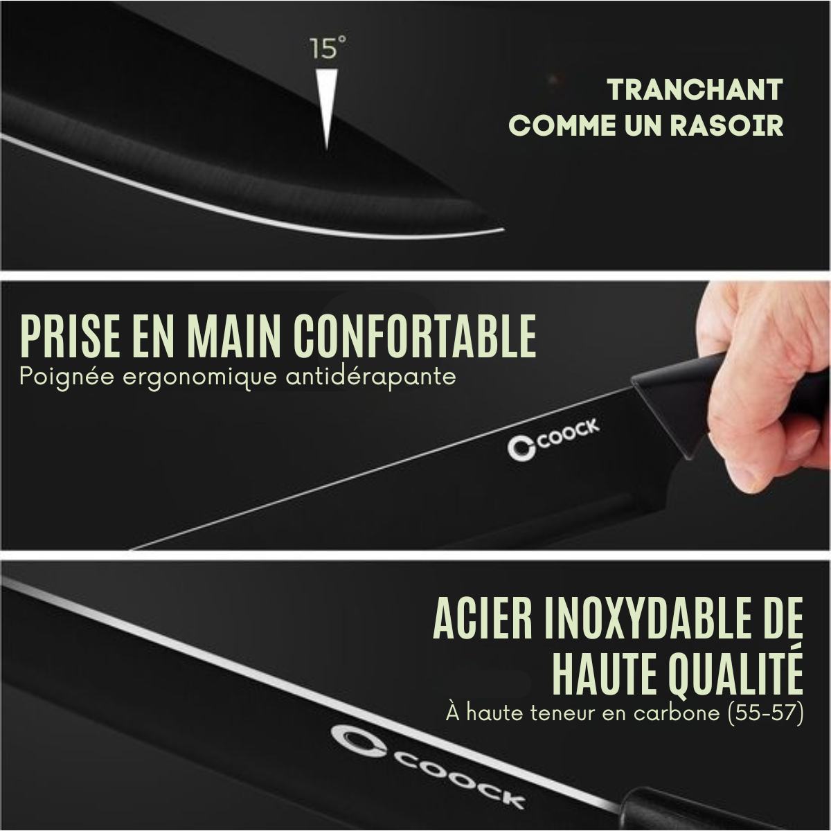 Couteaux en set avec bloc et planche à découper pliante - COOCK - Couteaux de cuisine - Ciseaux - Aiguiseur de couteaux - Set d'ustensiles de cuisine 15 pièces dans un bloc à couteaux - Acier inoxydable - Avec revêtement 'Non Stick' - Noir