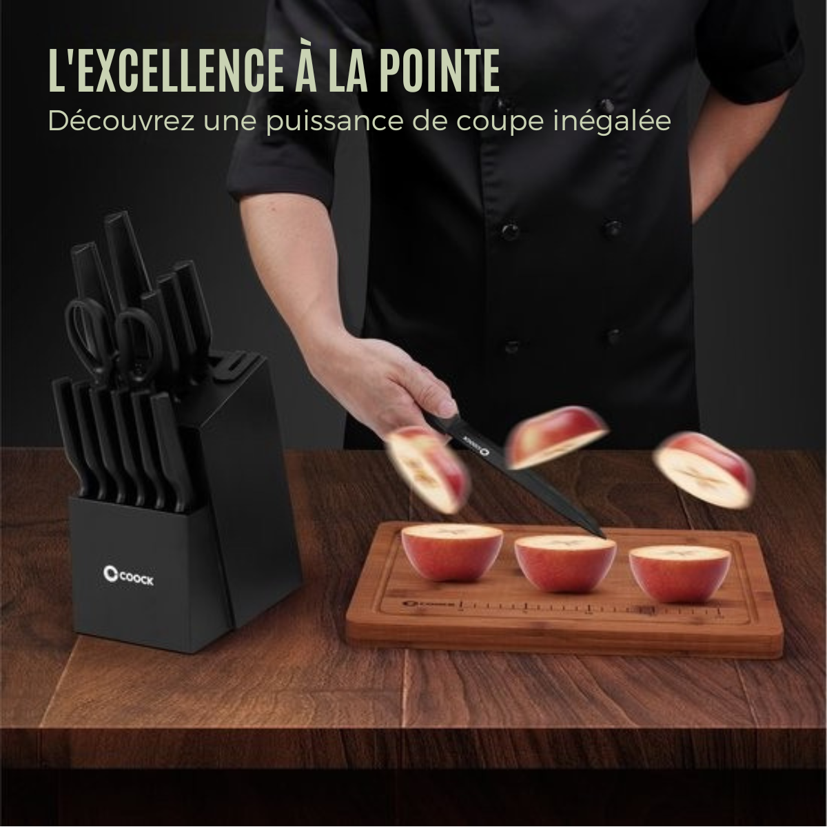 Couteaux en set avec bloc et planche à découper pliante - COOCK - Couteaux de cuisine - Ciseaux - Aiguiseur de couteaux - Set d'ustensiles de cuisine 15 pièces dans un bloc à couteaux - Acier inoxydable - Avec revêtement 'Non Stick' - Noir