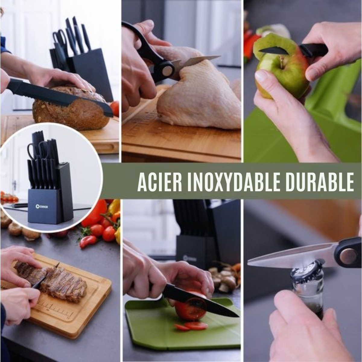 Couteaux en set avec bloc et planche à découper pliante - COOCK - Couteaux de cuisine - Ciseaux - Aiguiseur de couteaux - Set d'ustensiles de cuisine 15 pièces dans un bloc à couteaux - Acier inoxydable - Avec revêtement 'Non Stick' - Noir