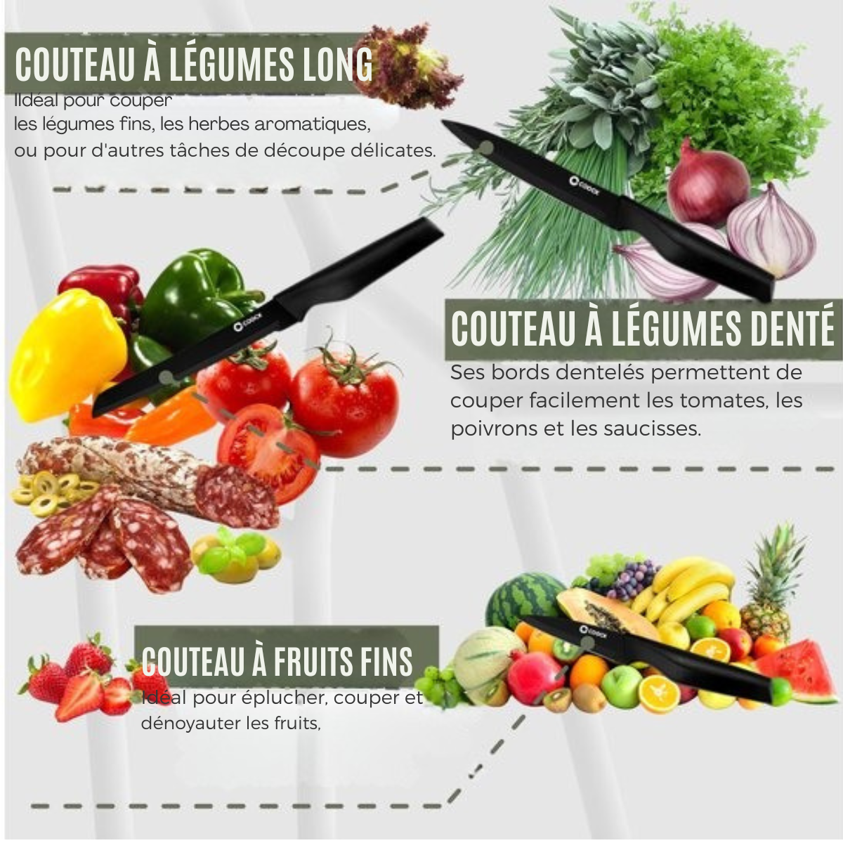 Couteaux en set avec bloc et planche à découper pliante - COOCK - Couteaux de cuisine - Ciseaux - Aiguiseur de couteaux - Set d'ustensiles de cuisine 15 pièces dans un bloc à couteaux - Acier inoxydable - Avec revêtement 'Non Stick' - Noir