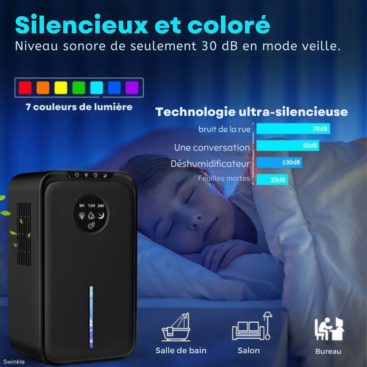 Déshumidificateur et purificateur d'air - Swinkle® - 1000 ml/jour – 25 m² – Réservoir 2,5 L – LED 7 Couleurs – Minuterie – Silencieux
