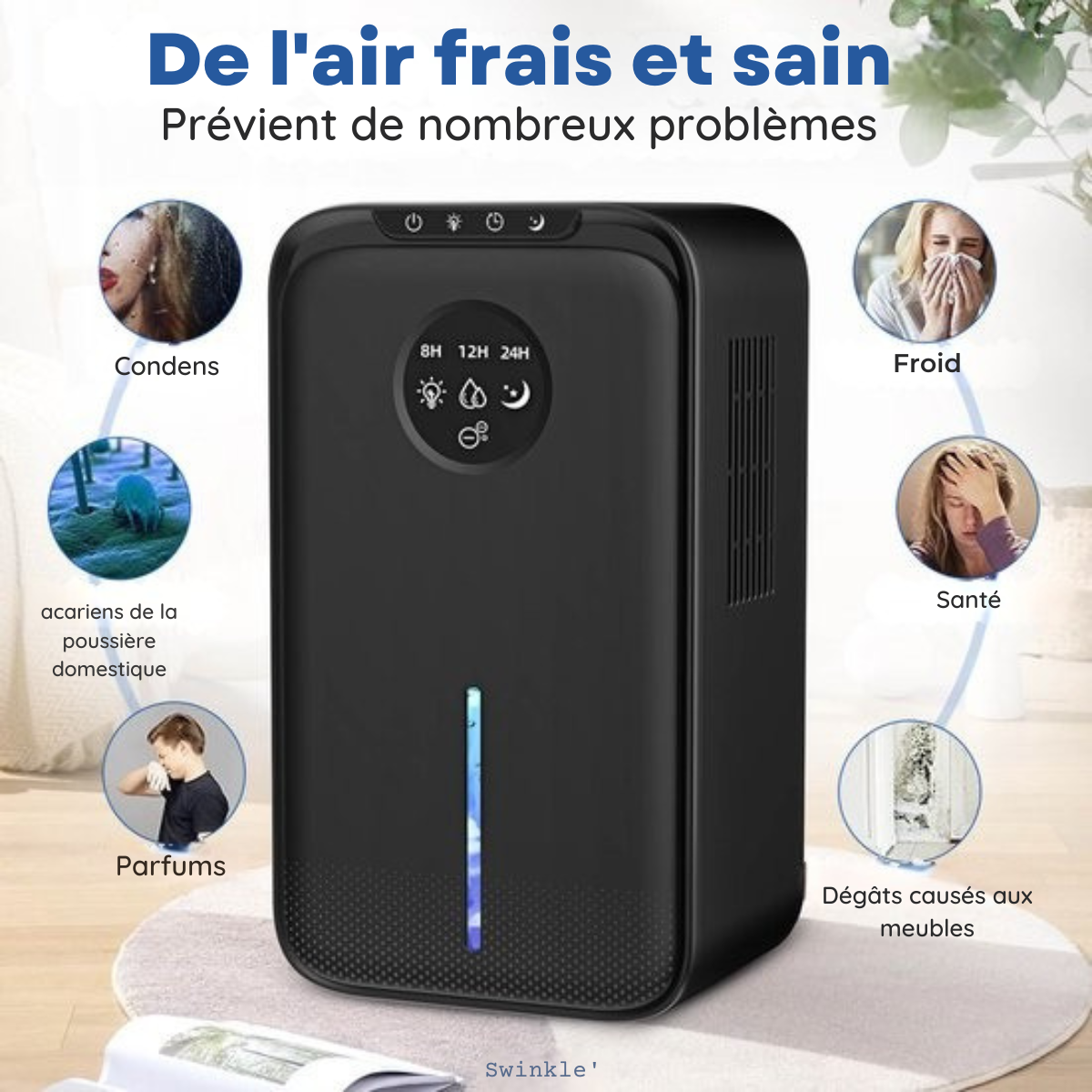 Déshumidificateur et purificateur d'air - Swinkle® - 1000 ml/jour – 25 m² – Réservoir 2,5 L – LED 7 Couleurs – Minuterie – Silencieux