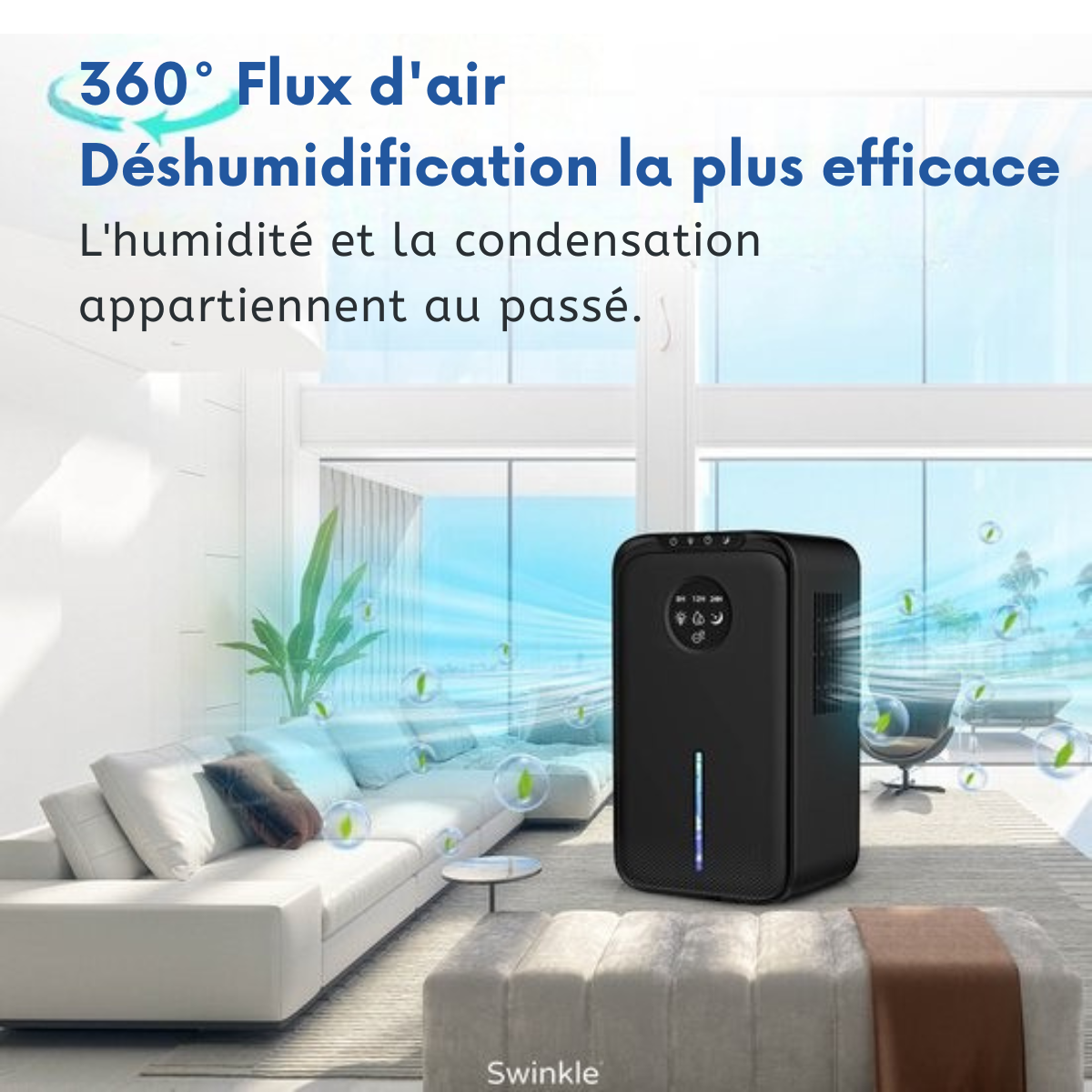 Déshumidificateur et purificateur d'air - Swinkle® - 1000 ml/jour – 25 m² – Réservoir 2,5 L – LED 7 Couleurs – Minuterie – Silencieux