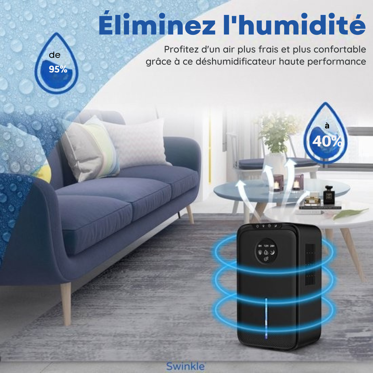 Déshumidificateur et purificateur d'air - Swinkle® - 1000 ml/jour – 25 m² – Réservoir 2,5 L – LED 7 Couleurs – Minuterie – Silencieux