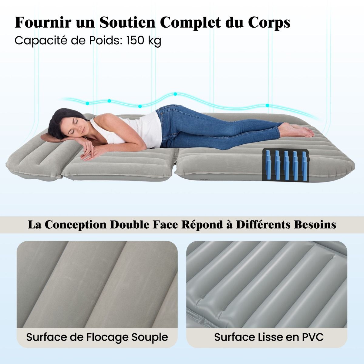 Coast Inflatable SUV Airbed Car Mattress Grey 190 x 130 x 15 cm - Lit de voyage double face avec pompe à air et sac de transport
