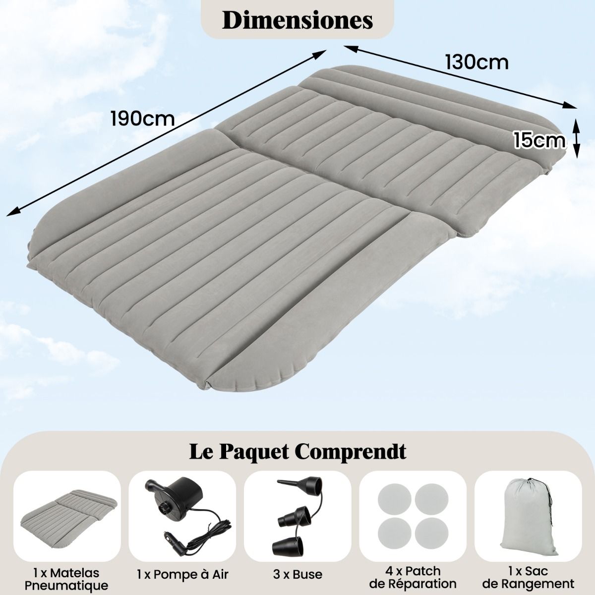 Coast Inflatable SUV Airbed Car Mattress Grey 190 x 130 x 15 cm - Lit de voyage double face avec pompe à air et sac de transport