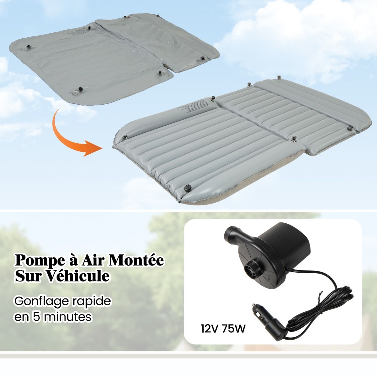 Coast Inflatable SUV Airbed Car Mattress Grey 190 x 130 x 15 cm - Lit de voyage double face avec pompe à air et sac de transport