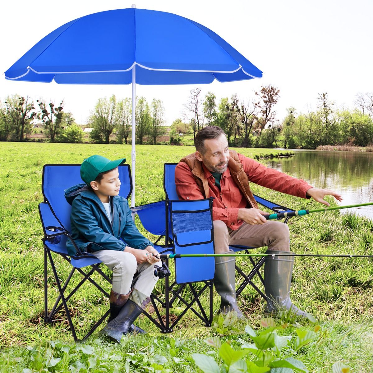 Chaise de camping double pliable Coast, avec parasol, porte-gobelet et sac isotherme, bleu