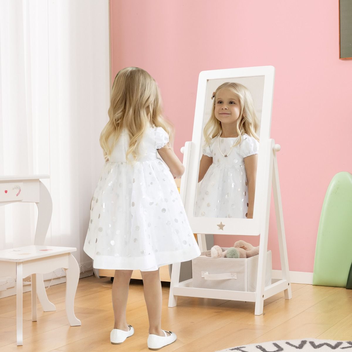 Coast Miroir au sol pour enfants pivotant à 360° avec plateau de rangement en tissu, Stermotif et 2 crochets - Blanc, 45x40x112 cm