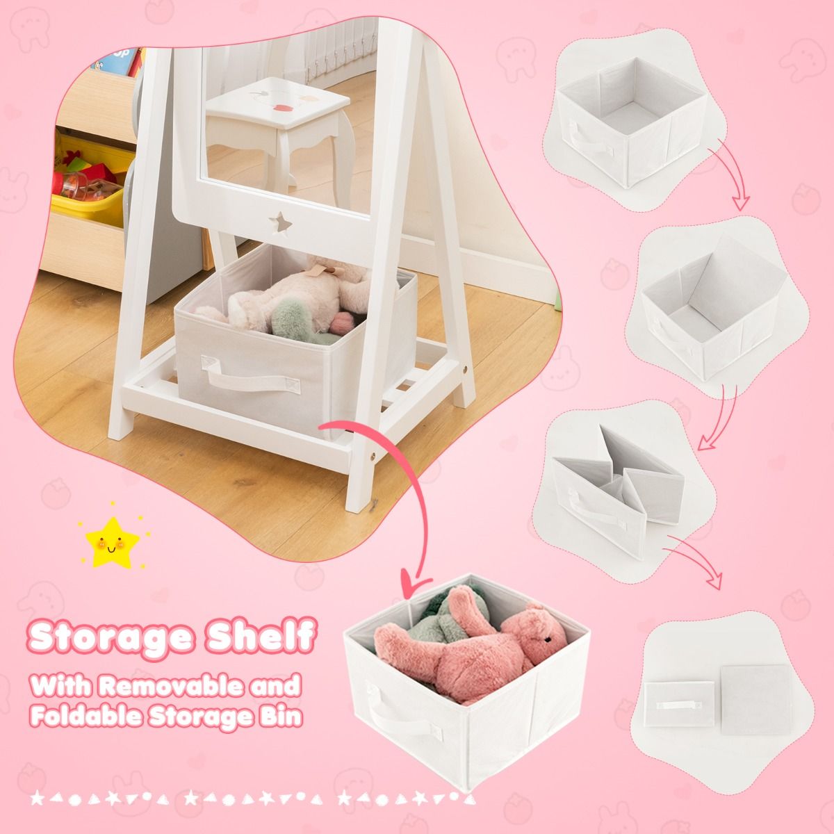 Coast Miroir au sol pour enfants pivotant à 360° avec plateau de rangement en tissu, Stermotif et 2 crochets - Blanc, 45x40x112 cm