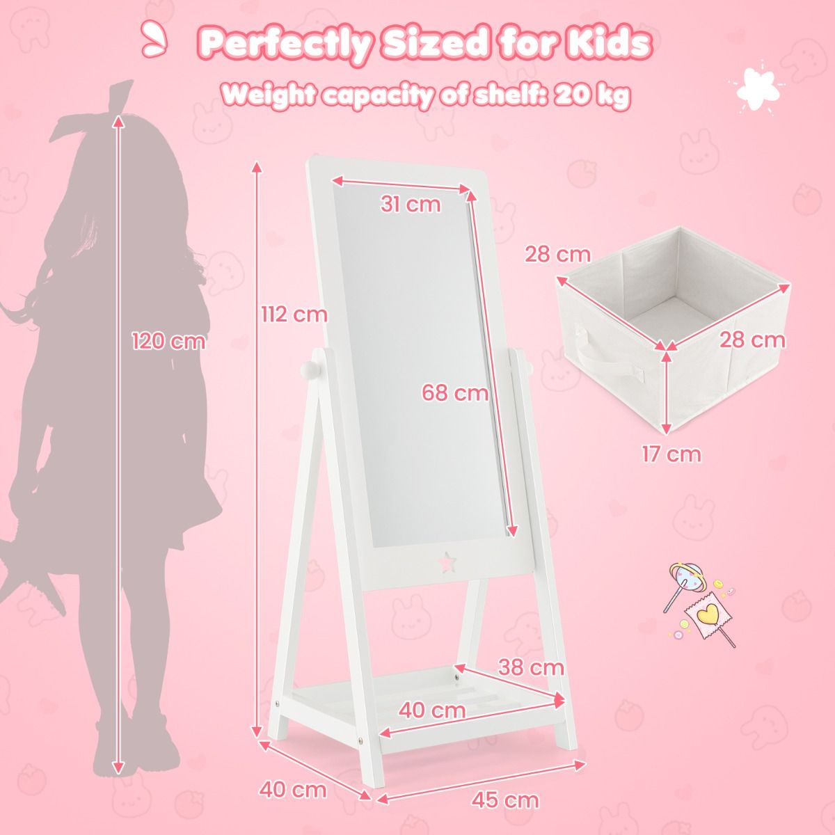 Coast Miroir au sol pour enfants pivotant à 360° avec plateau de rangement en tissu, Stermotif et 2 crochets - Blanc, 45x40x112 cm