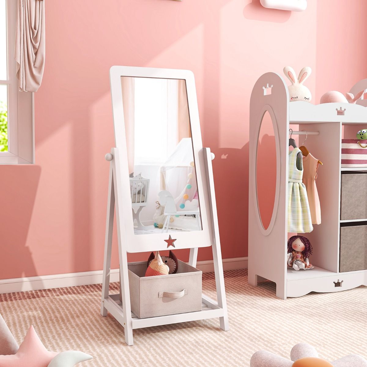Coast Miroir au sol pour enfants pivotant à 360° avec plateau de rangement en tissu, Stermotif et 2 crochets - Blanc, 45x40x112 cm