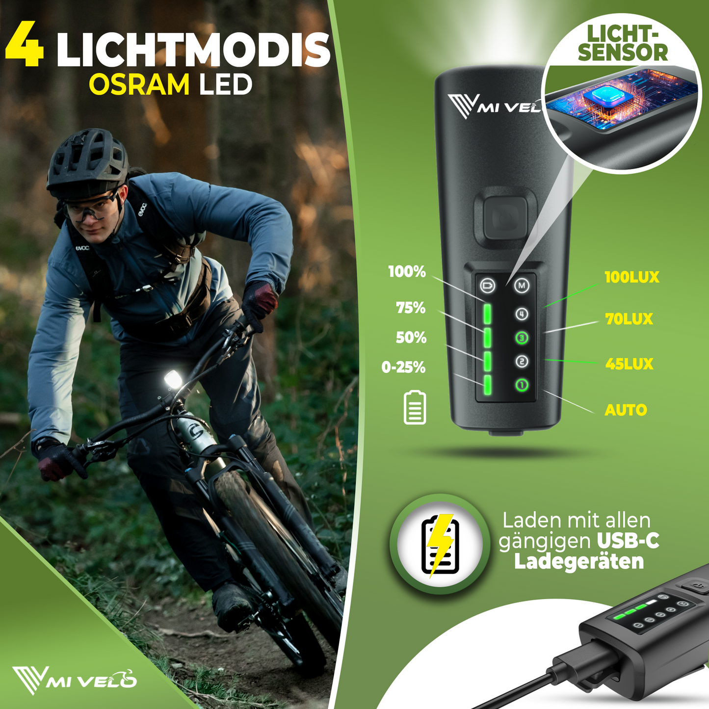 Mivelo Bicycle Light Set - StVZO approved - USB rechargeable - 100% waterproof - LED front and rear light - With brake light function (SMART PRO)