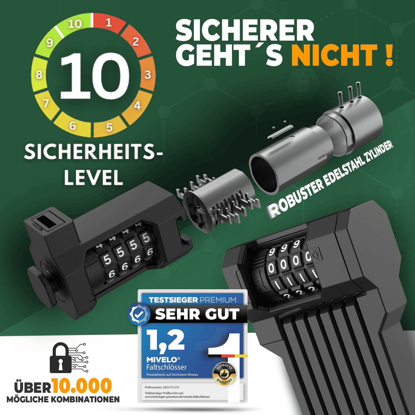 MIVELO - Serrure pliante à code numérique - longueur 120 cm - étanche - niveau de sécurité 10/10 - acier au carbone - noir