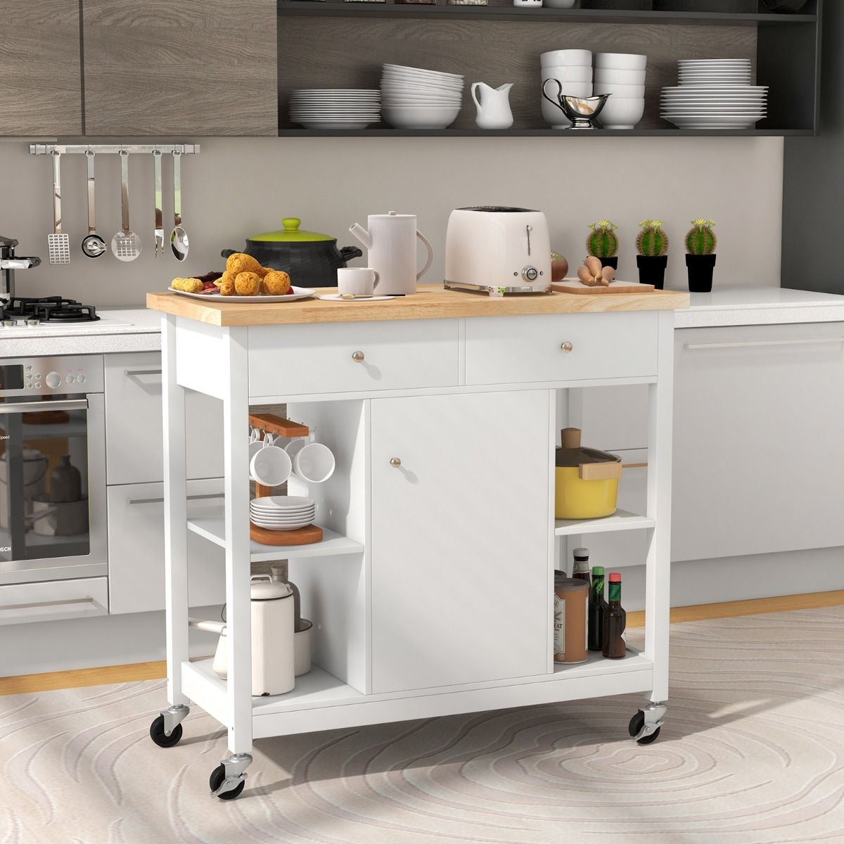 Coast Mobile Kitchen Trolley îlot de cuisine roulant blanc 99 x 46 x 90 cm avec plateau en bois caoutchouté, 4 étagères ouvertes, 2 tiroirs profonds et 1 placard fermé