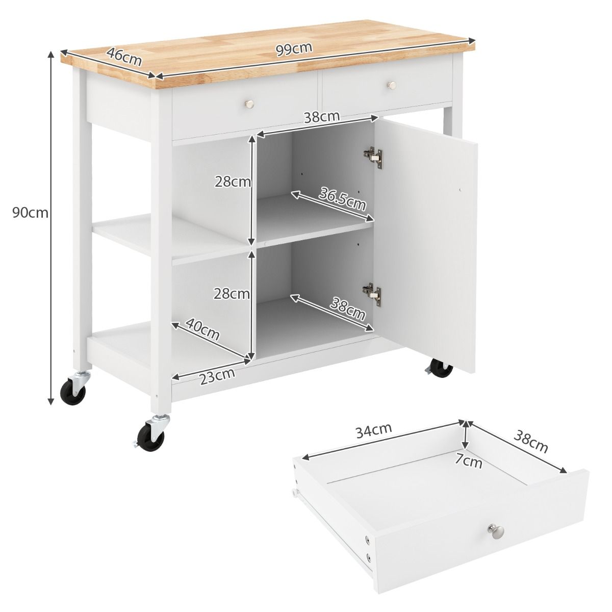 Coast Mobile Kitchen Trolley îlot de cuisine roulant blanc 99 x 46 x 90 cm avec plateau en bois caoutchouté, 4 étagères ouvertes, 2 tiroirs profonds et 1 placard fermé