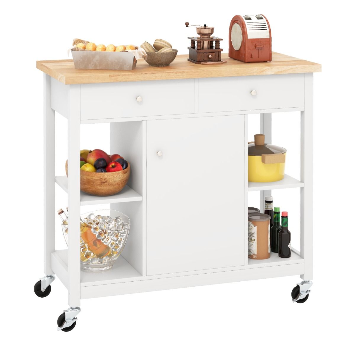 Coast Mobile Kitchen Trolley îlot de cuisine roulant blanc 99 x 46 x 90 cm avec plateau en bois caoutchouté, 4 étagères ouvertes, 2 tiroirs profonds et 1 placard fermé