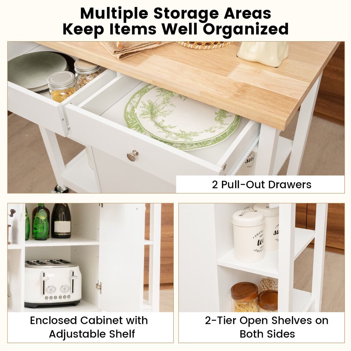 Coast Mobile Kitchen Trolley îlot de cuisine roulant blanc 99 x 46 x 90 cm avec plateau en bois caoutchouté, 4 étagères ouvertes, 2 tiroirs profonds et 1 placard fermé