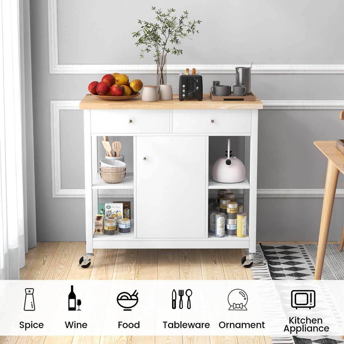 Coast Mobile Kitchen Trolley îlot de cuisine roulant blanc 99 x 46 x 90 cm avec plateau en bois caoutchouté, 4 étagères ouvertes, 2 tiroirs profonds et 1 placard fermé