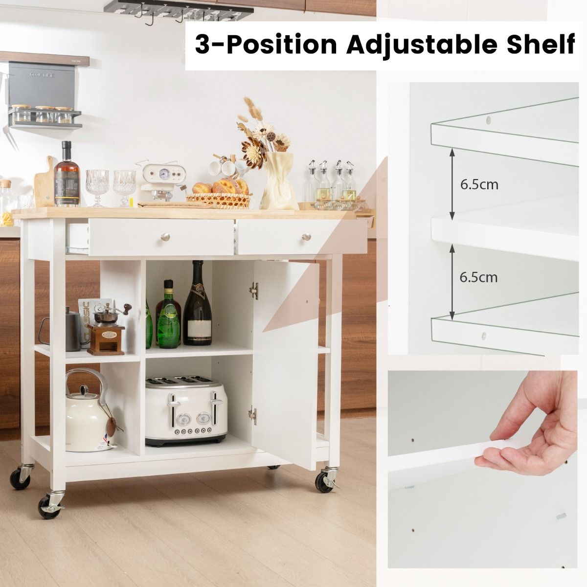 Coast Mobile Kitchen Trolley îlot de cuisine roulant blanc 99 x 46 x 90 cm avec plateau en bois caoutchouté, 4 étagères ouvertes, 2 tiroirs profonds et 1 placard fermé